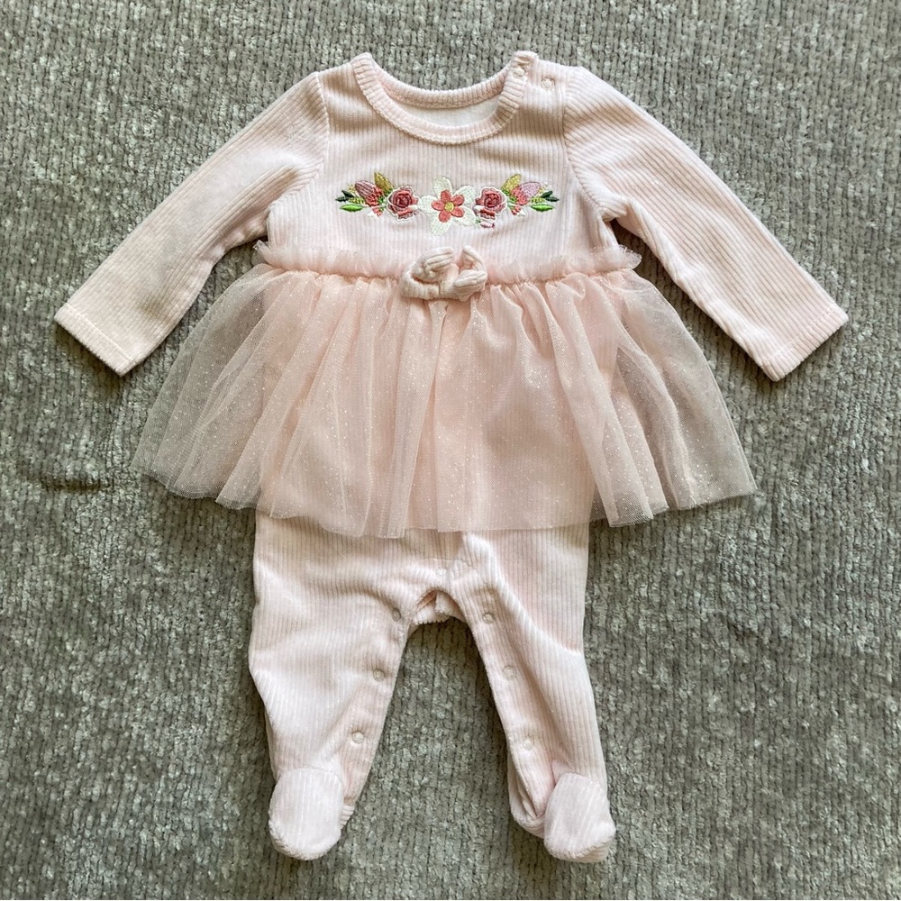Baby Starters Pink Tulle Tutu Footie Romper 3M‎ Floral Embroidery Dressy Ballet